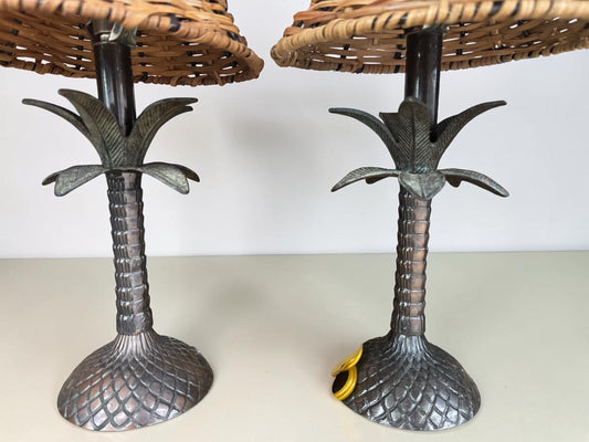 Vintage-Style Cast Metal Palm Tree Table Lamps with Woven Rattan Shades — Pair