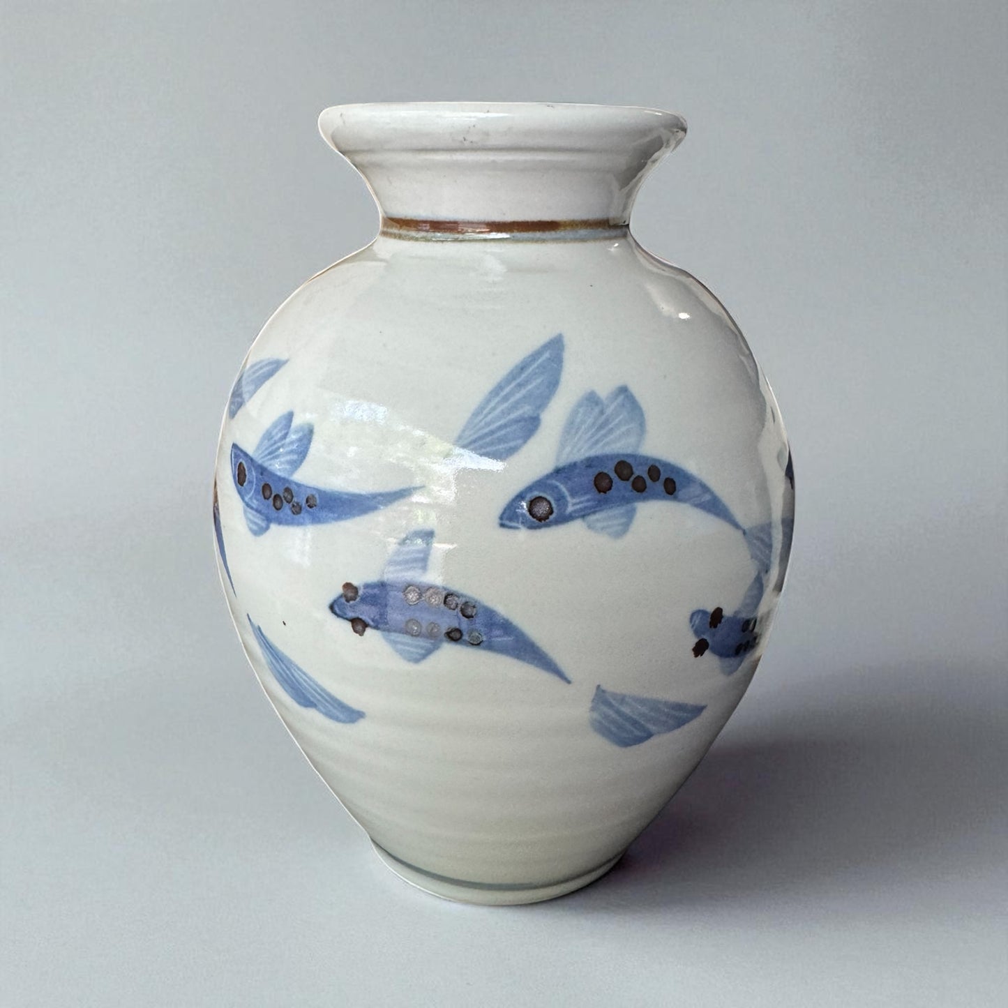 Vintage Asian Vase - White/Blue with Swimming Fish