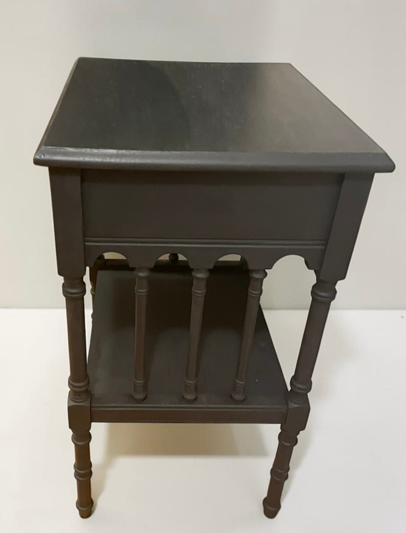 Handpainted Graphite Wooden Side Table w/drawer, lower shelf, & stenciling