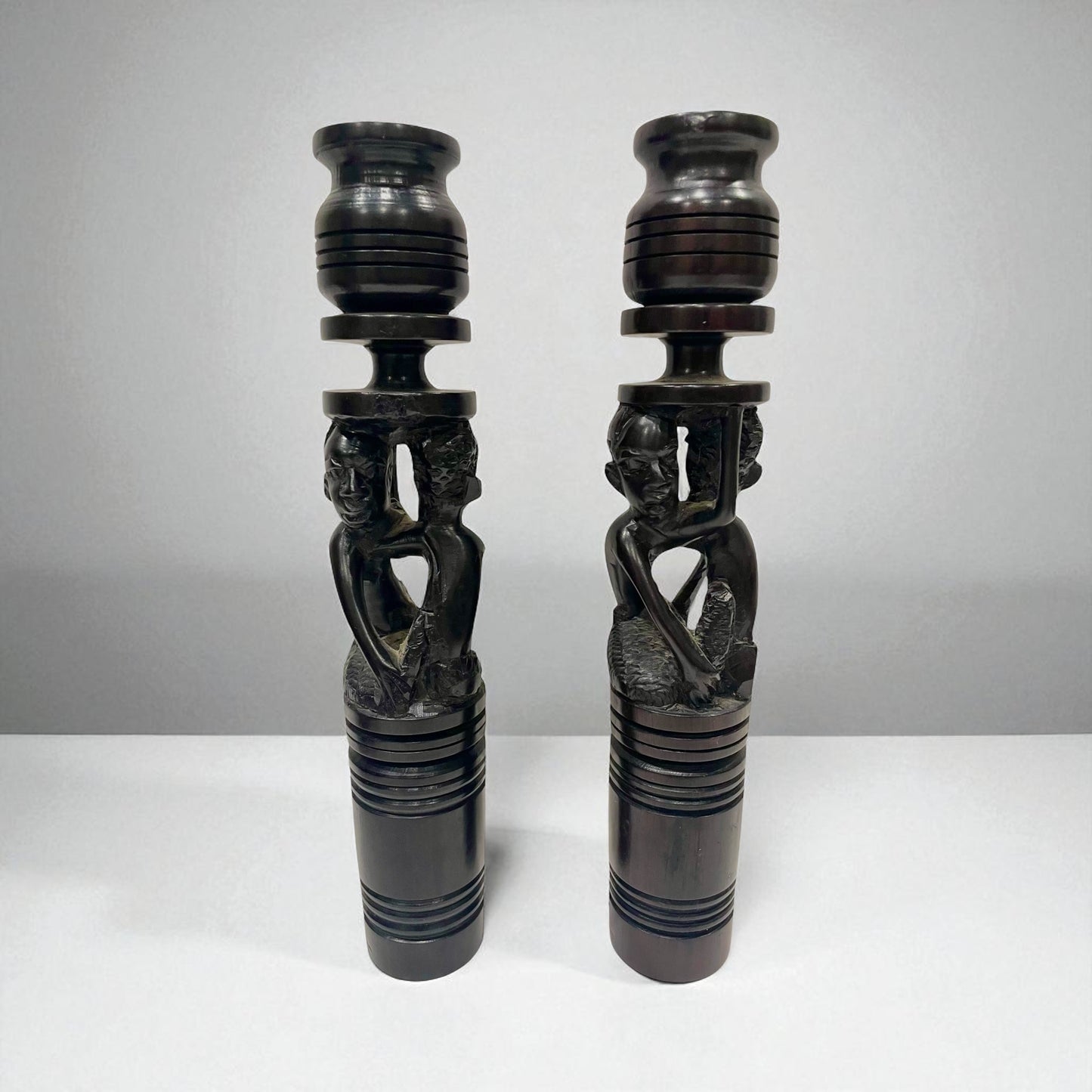 Pair of Handcarved African Ebony Wood Candleholders