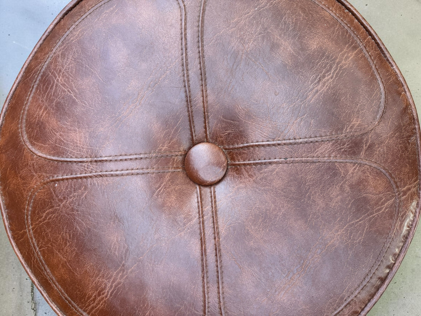 Vintage Round Tufted Vinyl Ottoman on Casters — 19.5"D x 12"H Cognac Brown, MCM Style