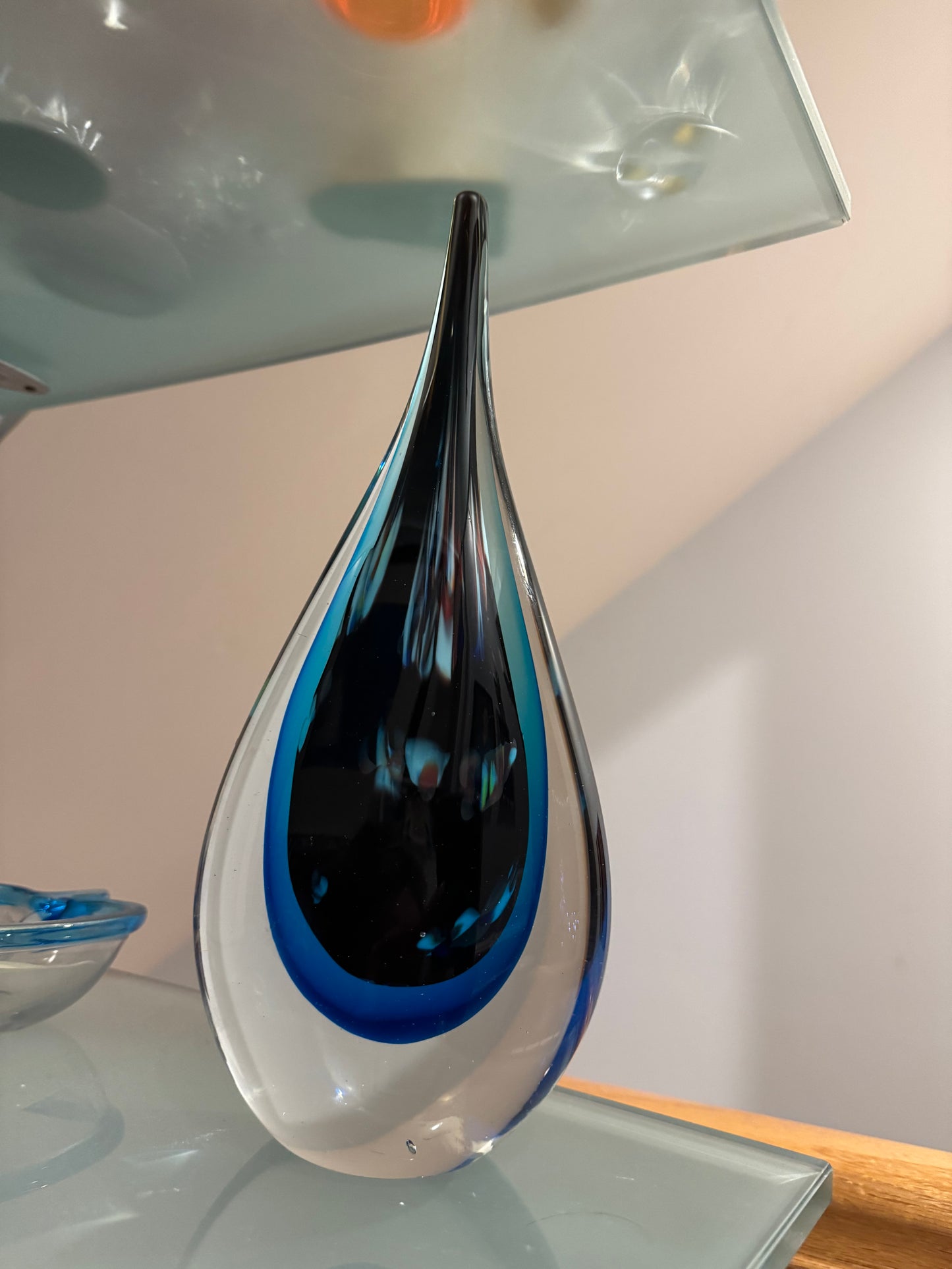 Vintage Murano-Style Sommerso Art Glass Teardrop Sculpture — 12"H Black & Cobalt Blue, MCM Statement Piece