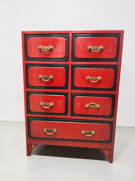 Chinese-Style Red Lacquered 7-Drawer Apothecary Chest