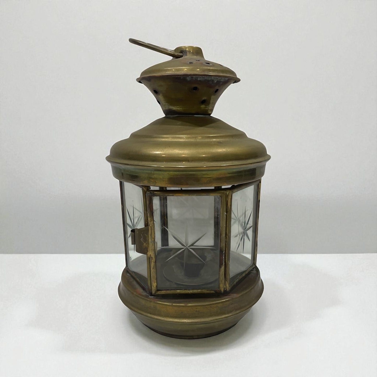 Vintage Round Brass Lantern w/Cut Glass Panels