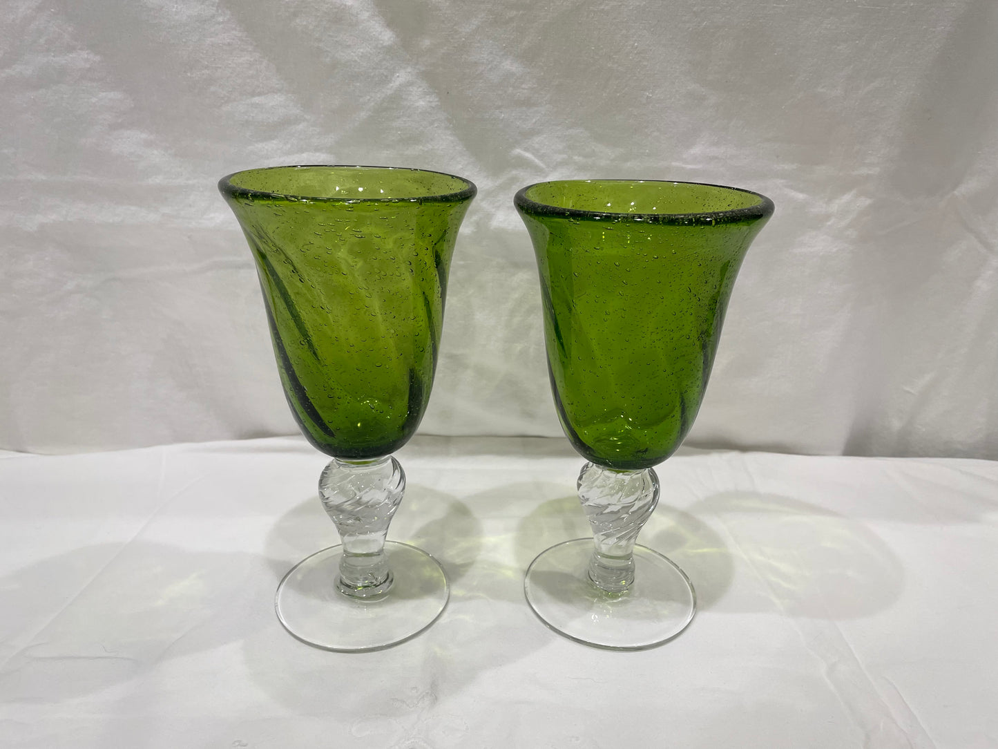Handblown Green Seeded Glass Goblets w/ Clear Glass Twist Base