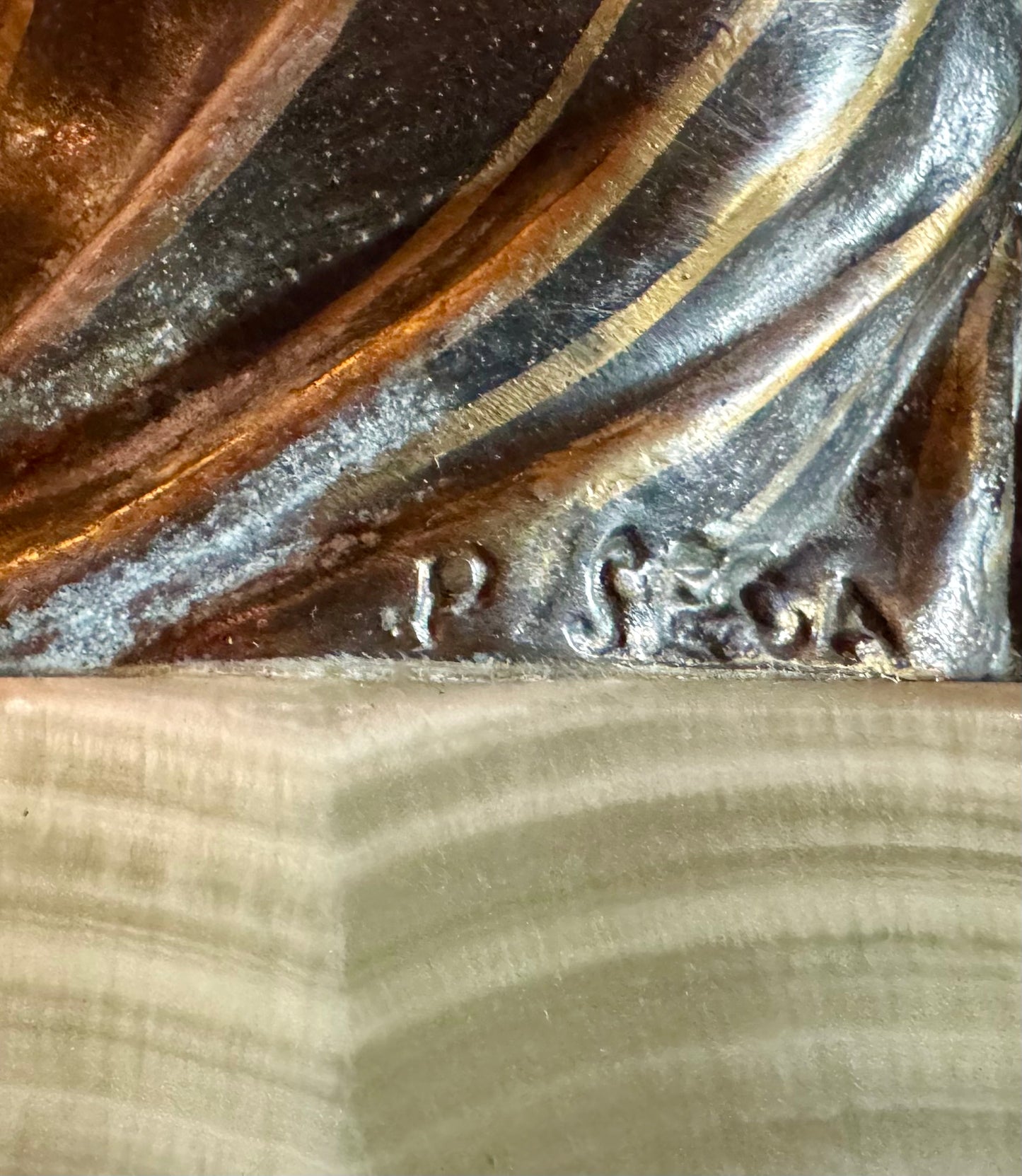 Antique Metal Sculpture of Female with Feather by P. Sega