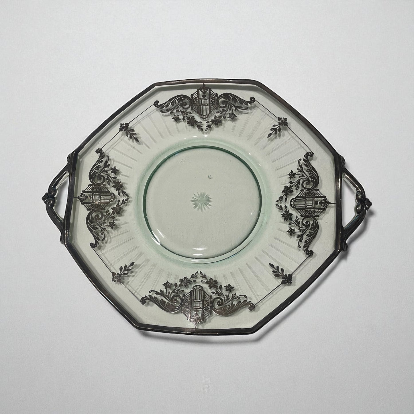 Vintage Glass Platter w/ Handles & Silver Overlay Design