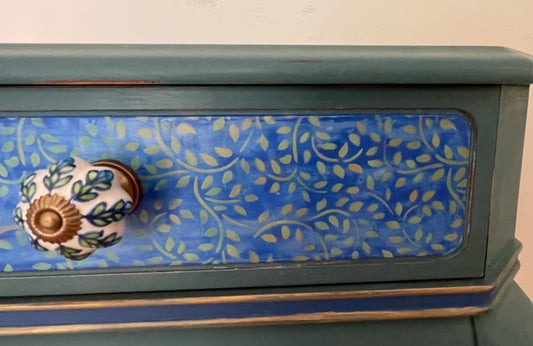 Handpainted & Stenciled Side Table w/ Drawer, Teal