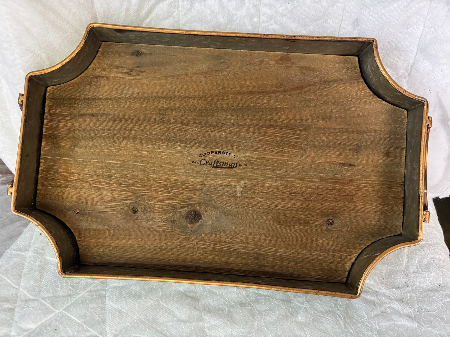 Tin Tray w/ Wooden Inset, Gold Rim