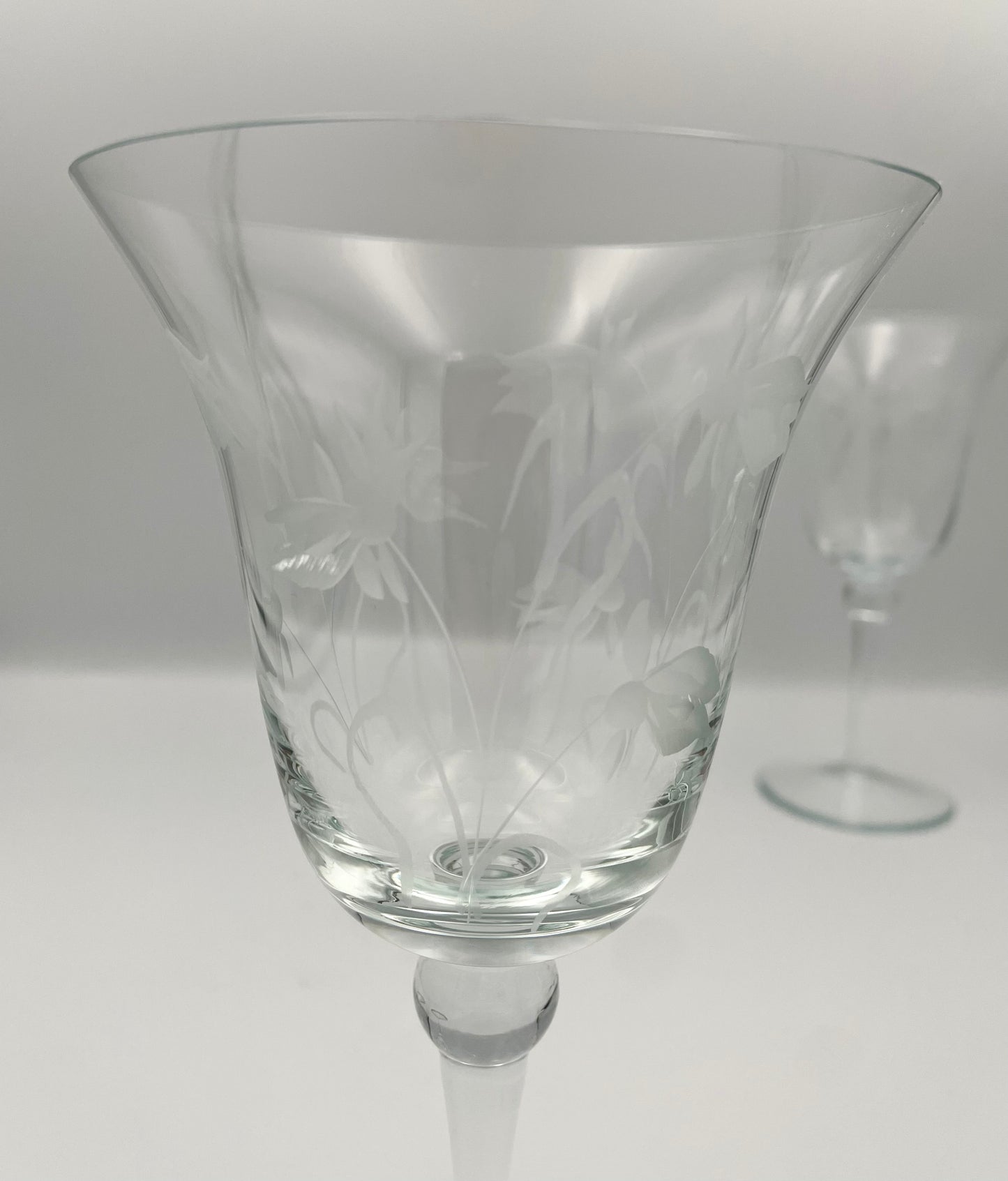Vintage Crystal Water Goblets w/ Etched Floral & Leaf Design