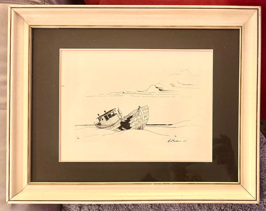 VTG Ink Drawing of Beached Boat, Signed by Artist