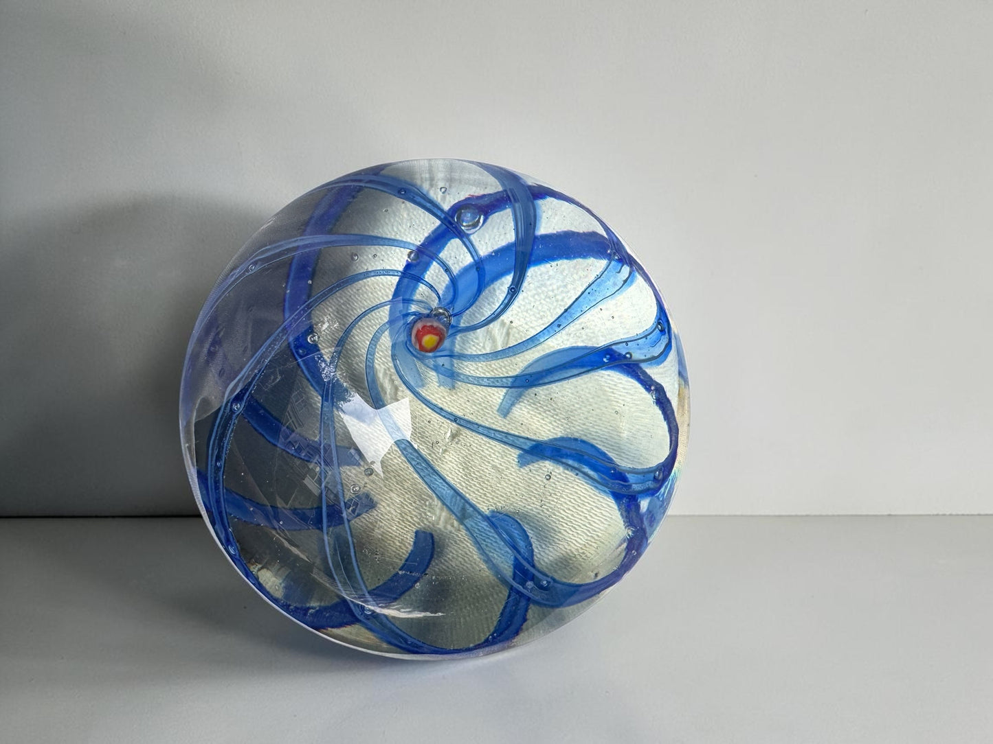 Vintage Art Glass Paperweight – Blue Swirl Ribbon Design, 4" Dome