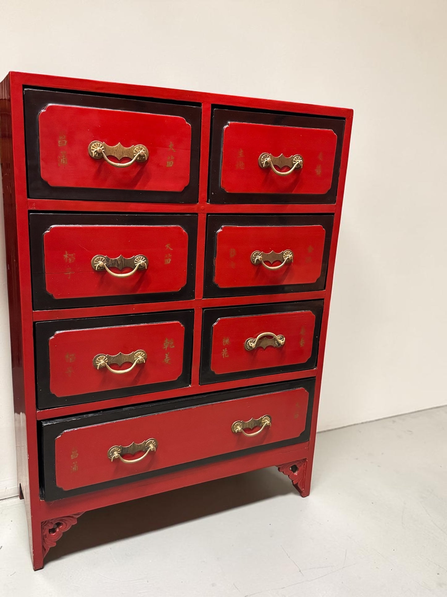 Chinese-Style Red Lacquered 7-Drawer Apothecary Chest