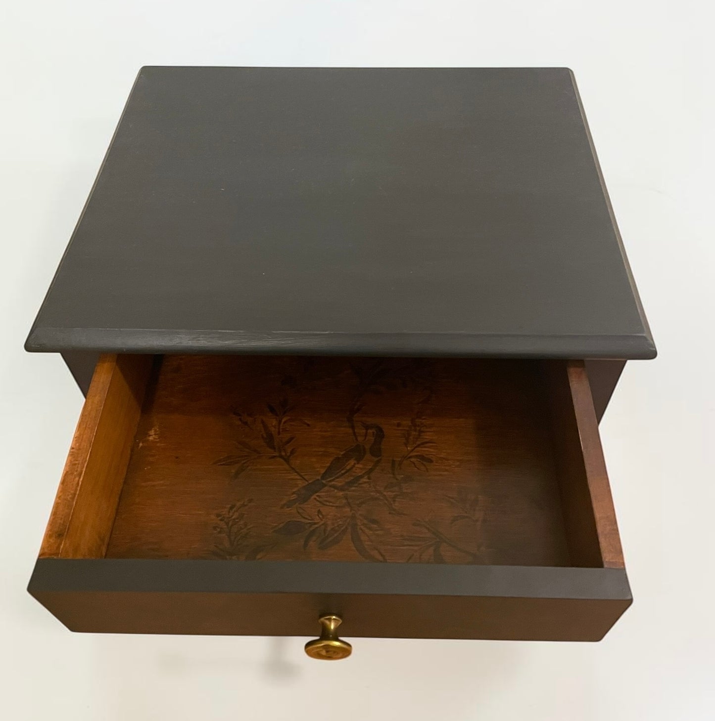 Handpainted Graphite Wooden Side Table w/drawer, lower shelf, & stenciling