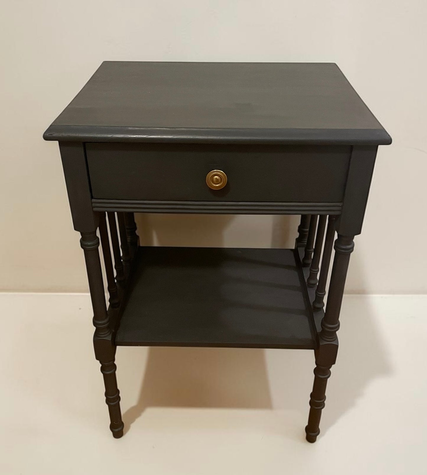 Handpainted Graphite Wooden Side Table w/drawer, lower shelf, & stenciling