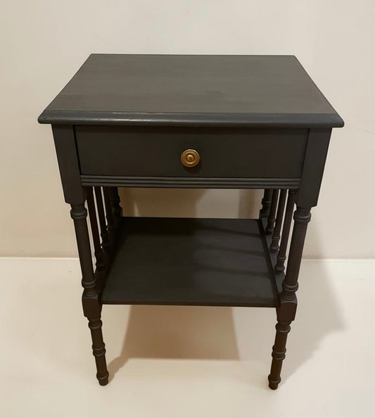 Handpainted Graphite Wooden Side Table w/drawer, lower shelf, & stenciling