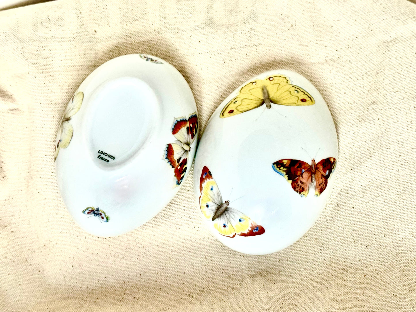 Limoges France Porcelain Egg Trinket Box — Naturalistic Butterfly Motif, Very Good Condition