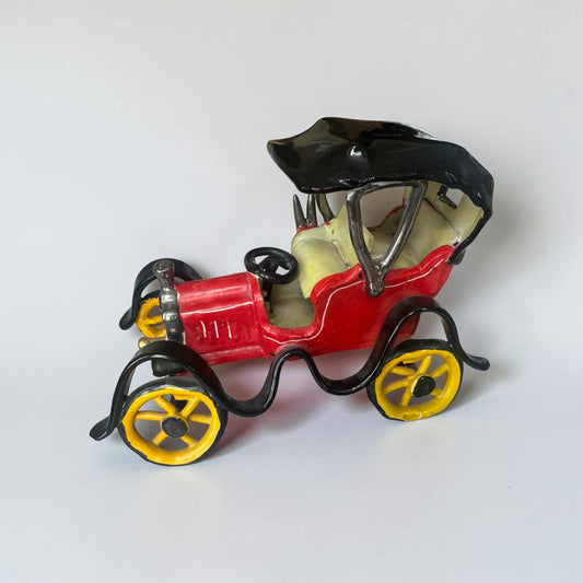 Vintage Italian Hand-Painted Ceramic "1908 Packard" Car Sculpture — Naive Folk Art, Signed Italy