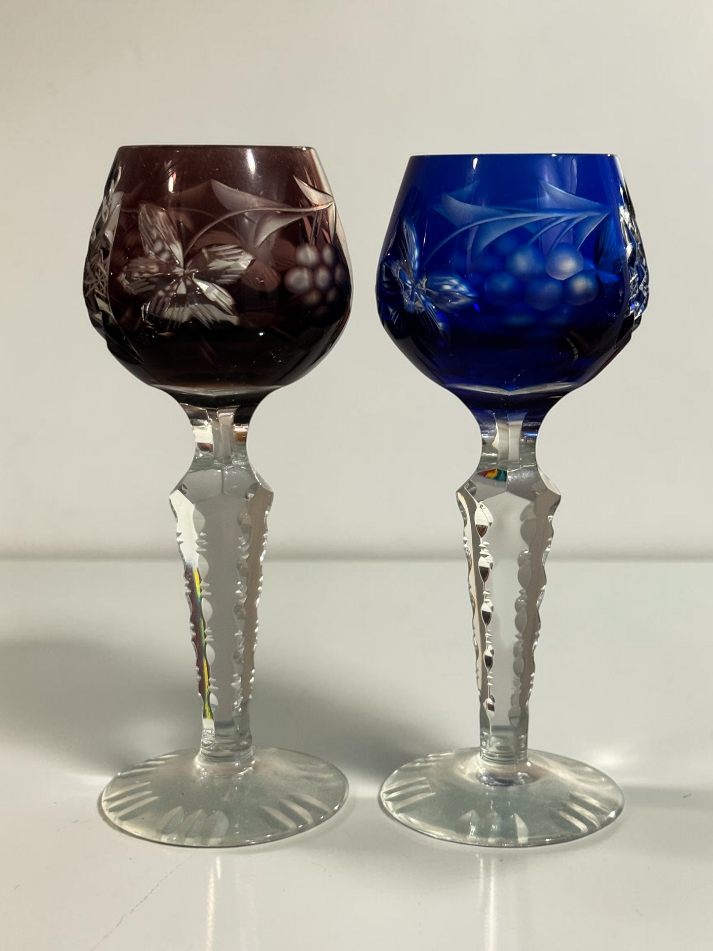 Vintage Bohemian Cut-to-Clear Crystal Liqueur Glasses — Pair, 5.25"H Amethyst & Cobalt Blue, Grape Motif