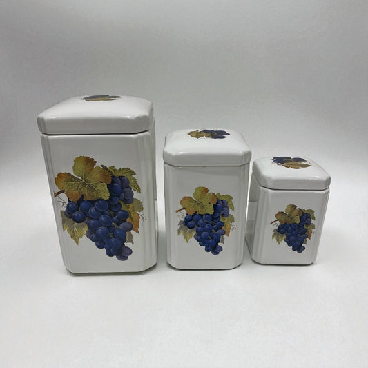 Set of 3 Vintage Italian Ceramiche Cannisters w/Grape/Leaf Pattern