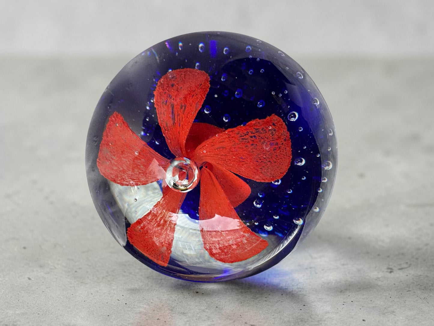 Vintage Art Glass Paperweight – Red Flower & Cobalt Blue Bubble Base, 3.25" Dome