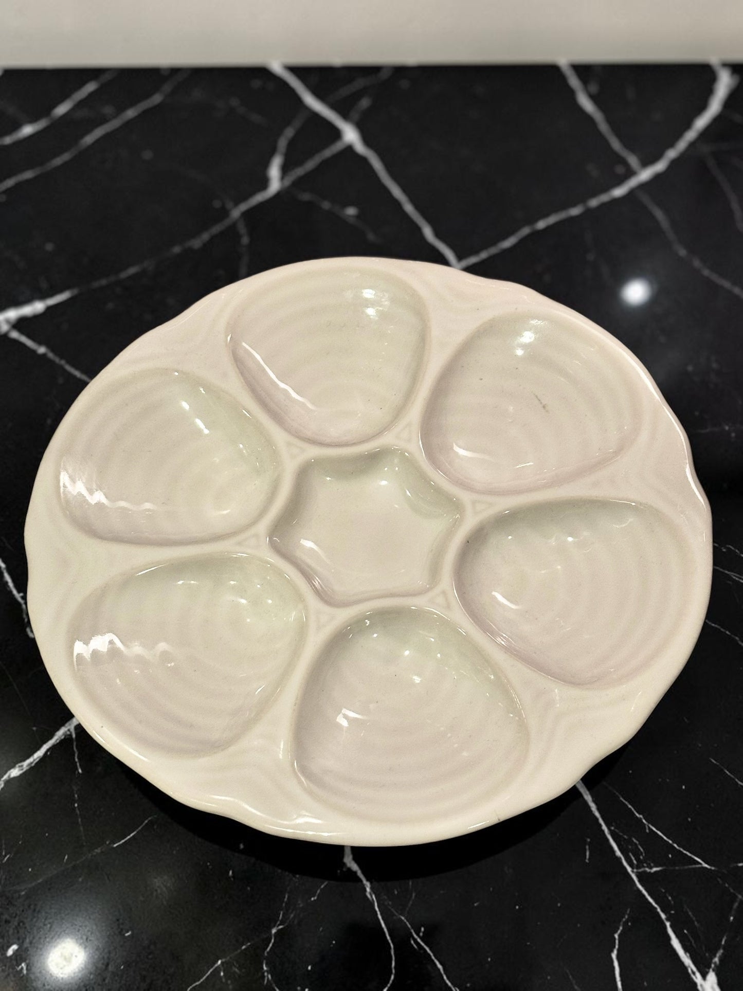 Large White Ceramic Oyster Plate | 6-Well | 10.25" Diameter | Coastal Serveware