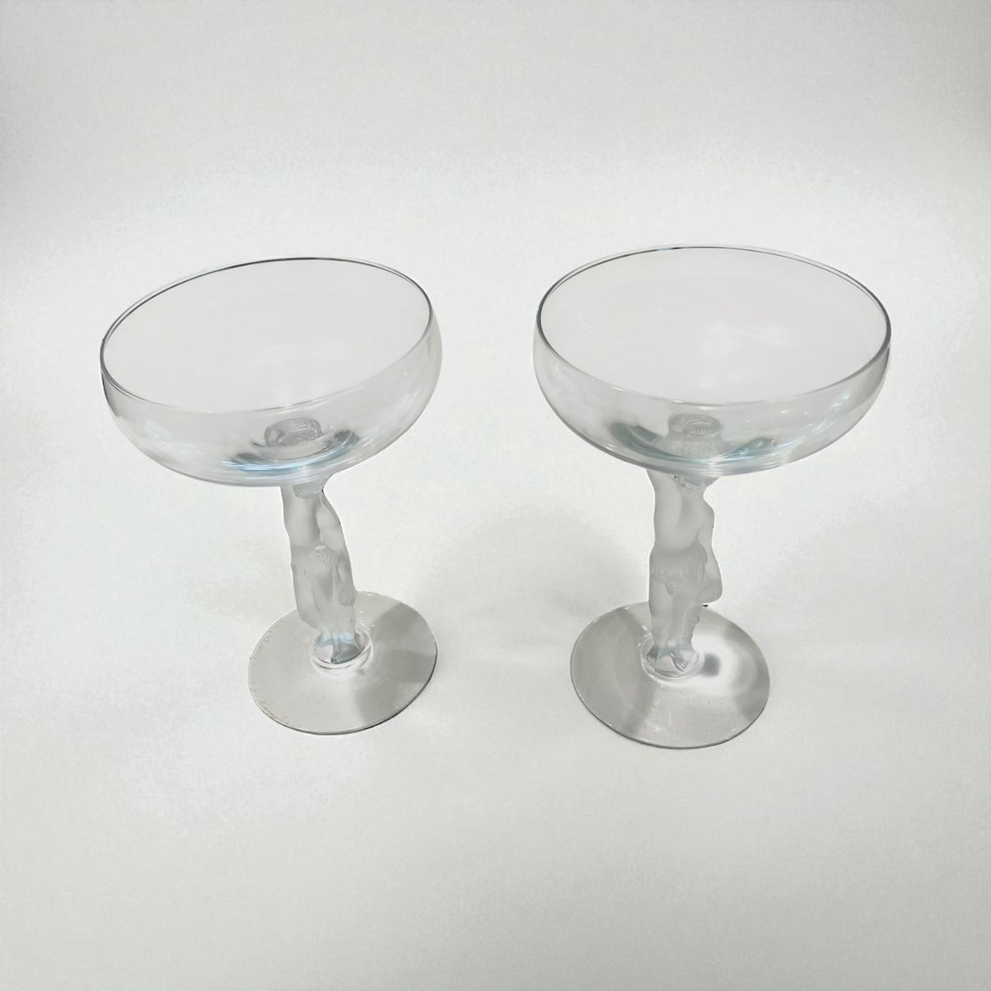 Pair of Bayel Crystal Bacchus Figural Frosted Champagne Glasses