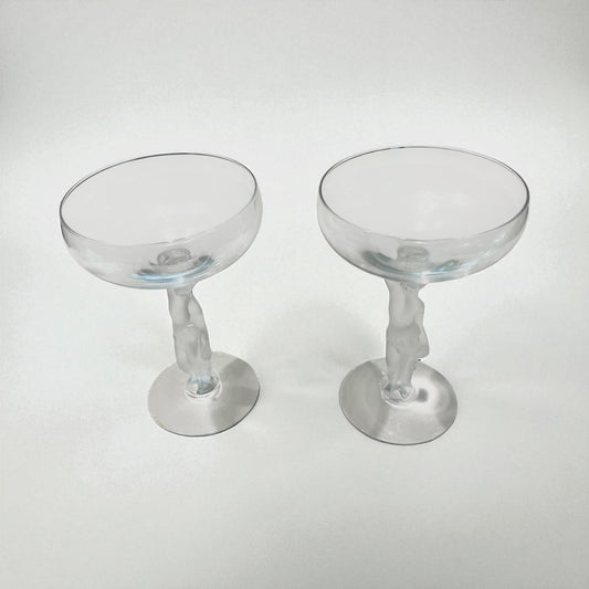 Pair of Bayel Crystal Bacchus Figural Frosted Champagne Glasses