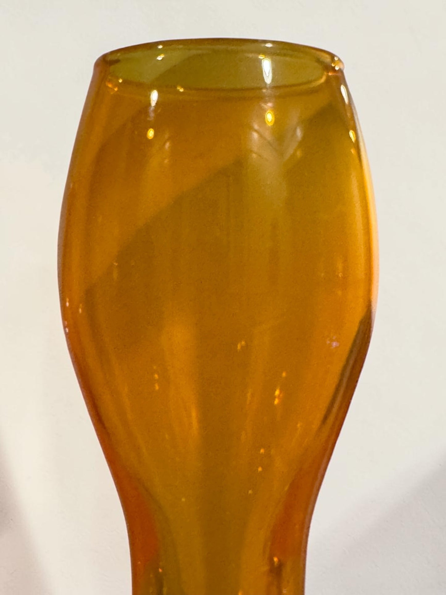 Vintage Amber Art Glass Hourglass Vase — 10"H MCM Blenko-Style Tangerine, Sculptural Statement Piece