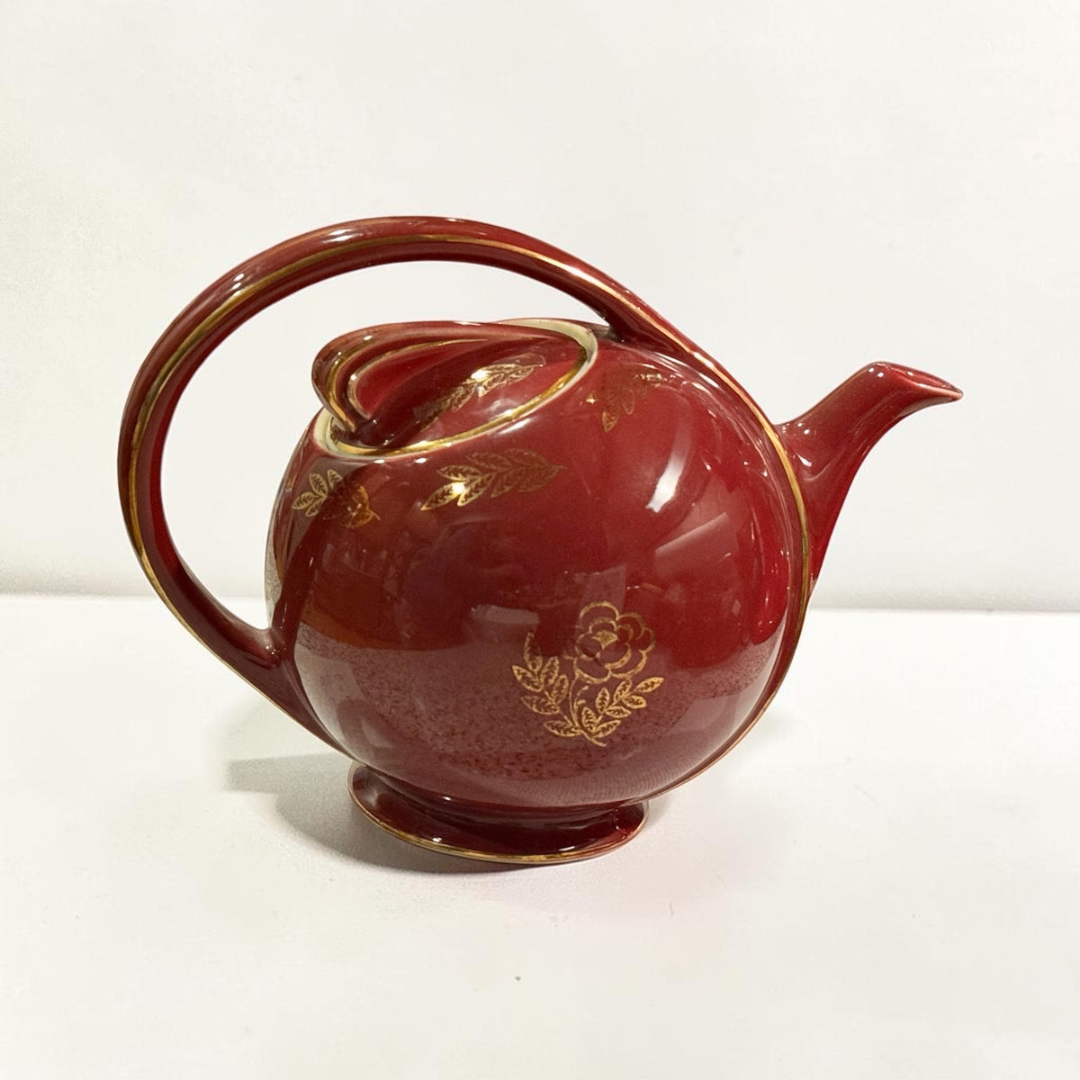 Vintage Hall Burgundy Ceramic Teapot with Gold Floral Design