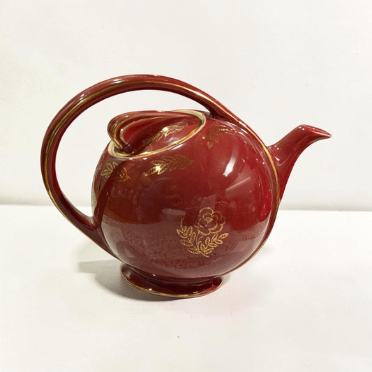 Vintage Hall Burgundy Ceramic Teapot with Gold Floral Design