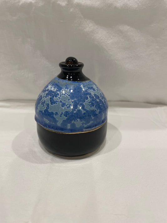 Ceramic Jar w/Top, Dark Brown & Blue