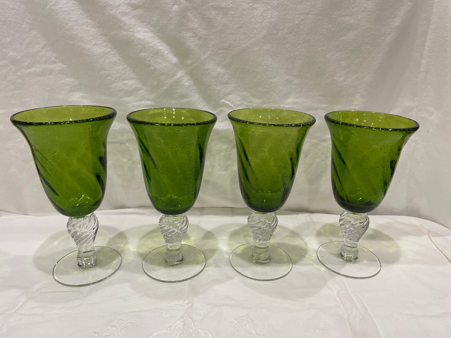 Handblown Green Seeded Glass Goblets w/ Clear Glass Twist Base