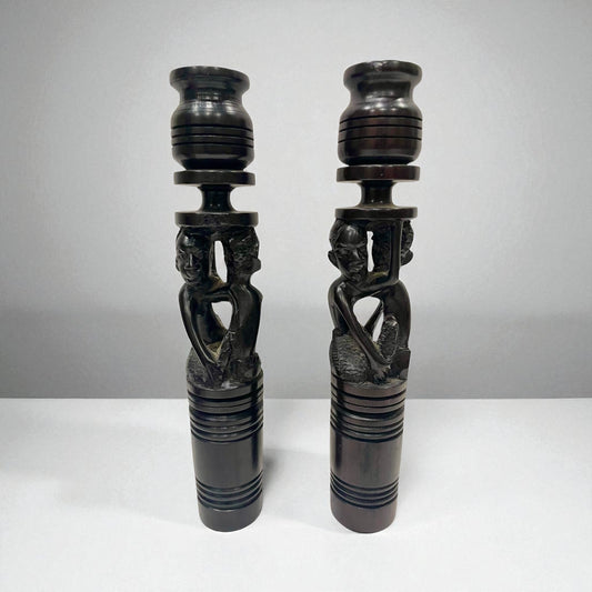 Pair of Handcarved African Ebony Wood Candleholders