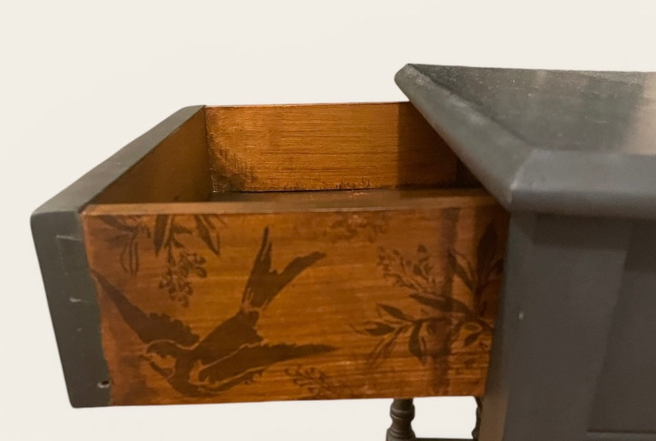 Handpainted Graphite Wooden Side Table w/drawer, lower shelf, & stenciling