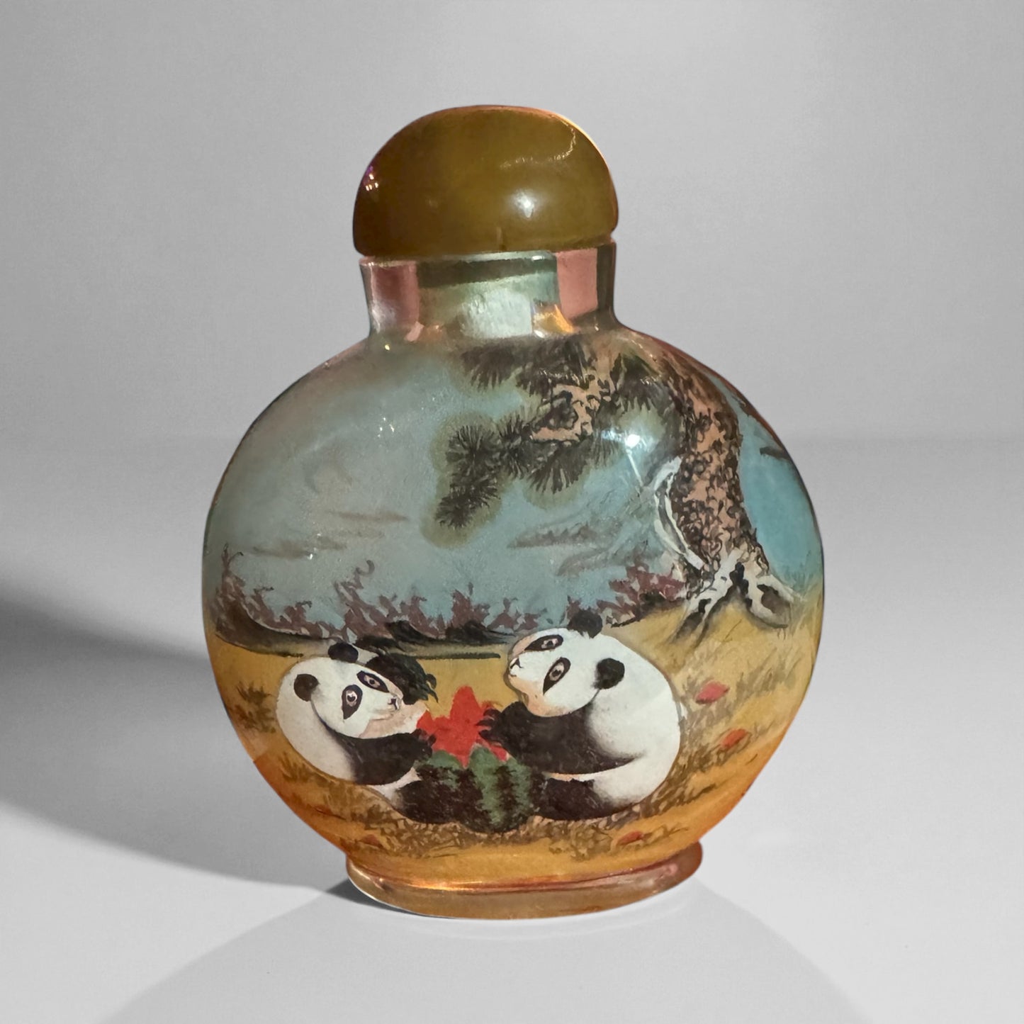 Reverse Painted Chinese Snuff Bottle w/Panda Motif in box