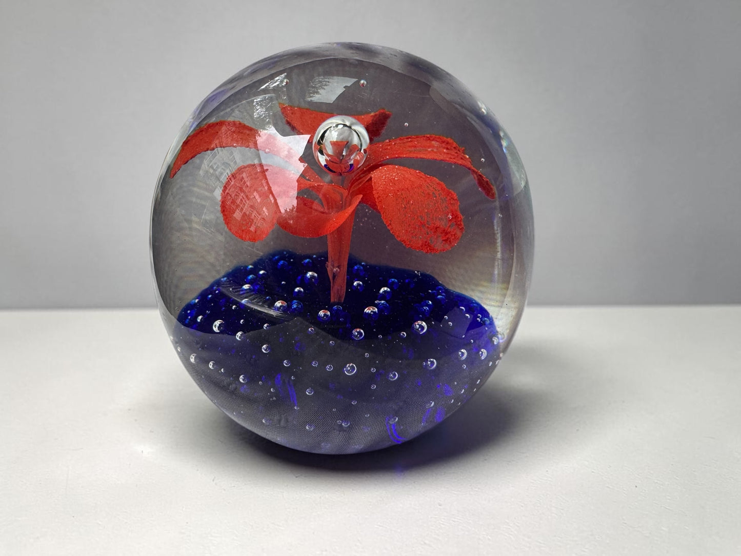 Vintage Art Glass Paperweight – Red Flower & Cobalt Blue Bubble Base, 3.25" Dome