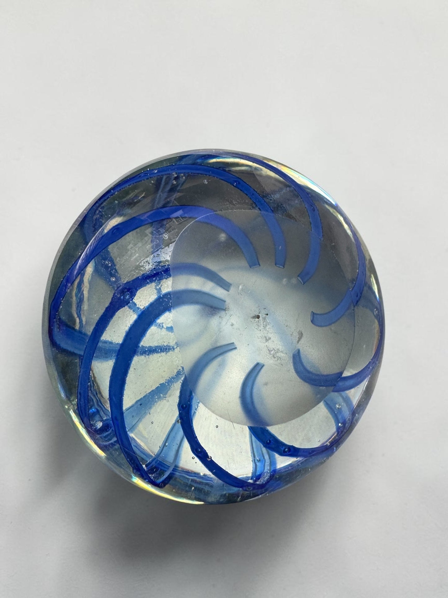 Vintage Art Glass Paperweight – Blue Swirl Ribbon Design, 4" Dome