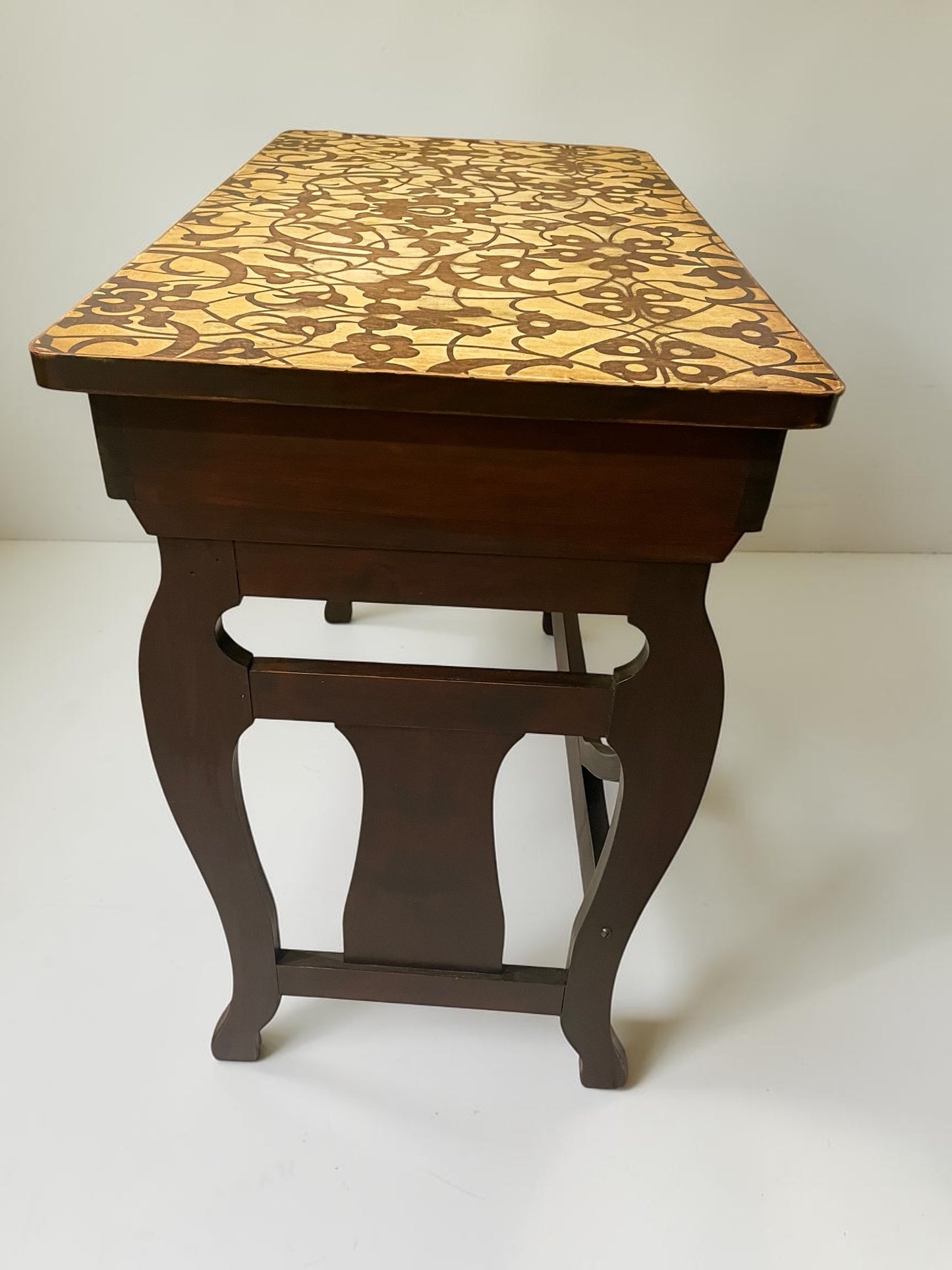 Rustic wooden dark brown stain entry table with 2 drawers and stenciled top