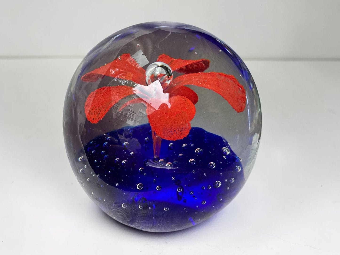 Vintage Art Glass Paperweight – Red Flower & Cobalt Blue Bubble Base, 3.25" Dome