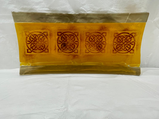 Curved Amber-Colored Glass Tray w/ Celtic-like Design