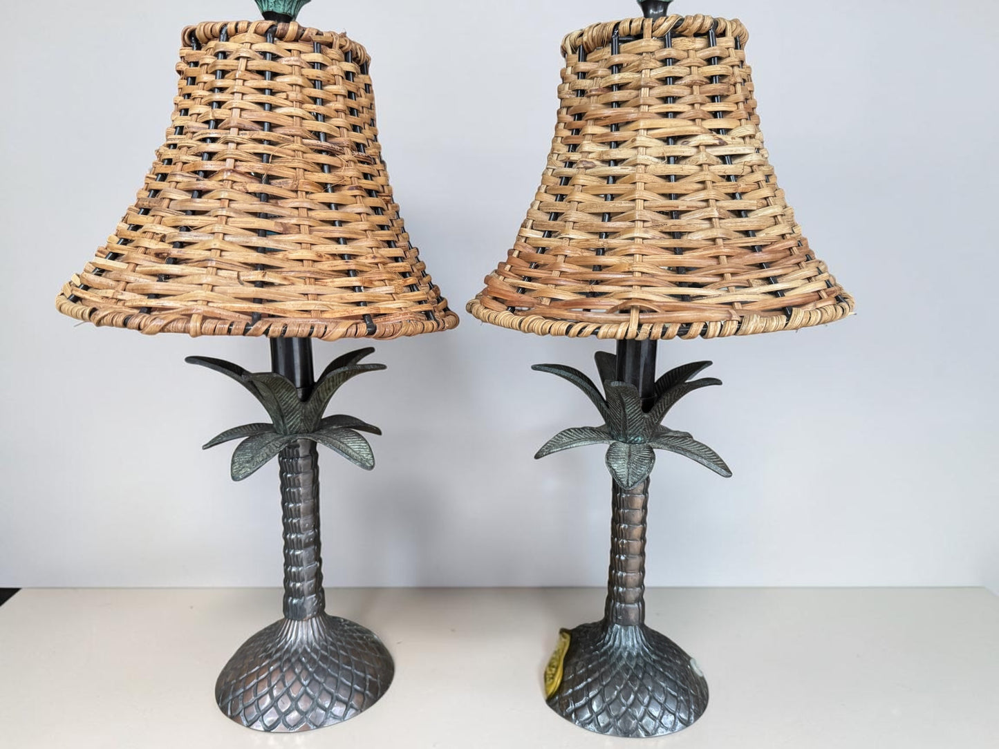 Vintage-Style Cast Metal Palm Tree Table Lamps with Woven Rattan Shades — Pair
