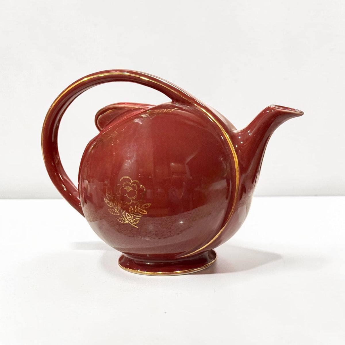 Vintage Hall Burgundy Ceramic Teapot with Gold Floral Design