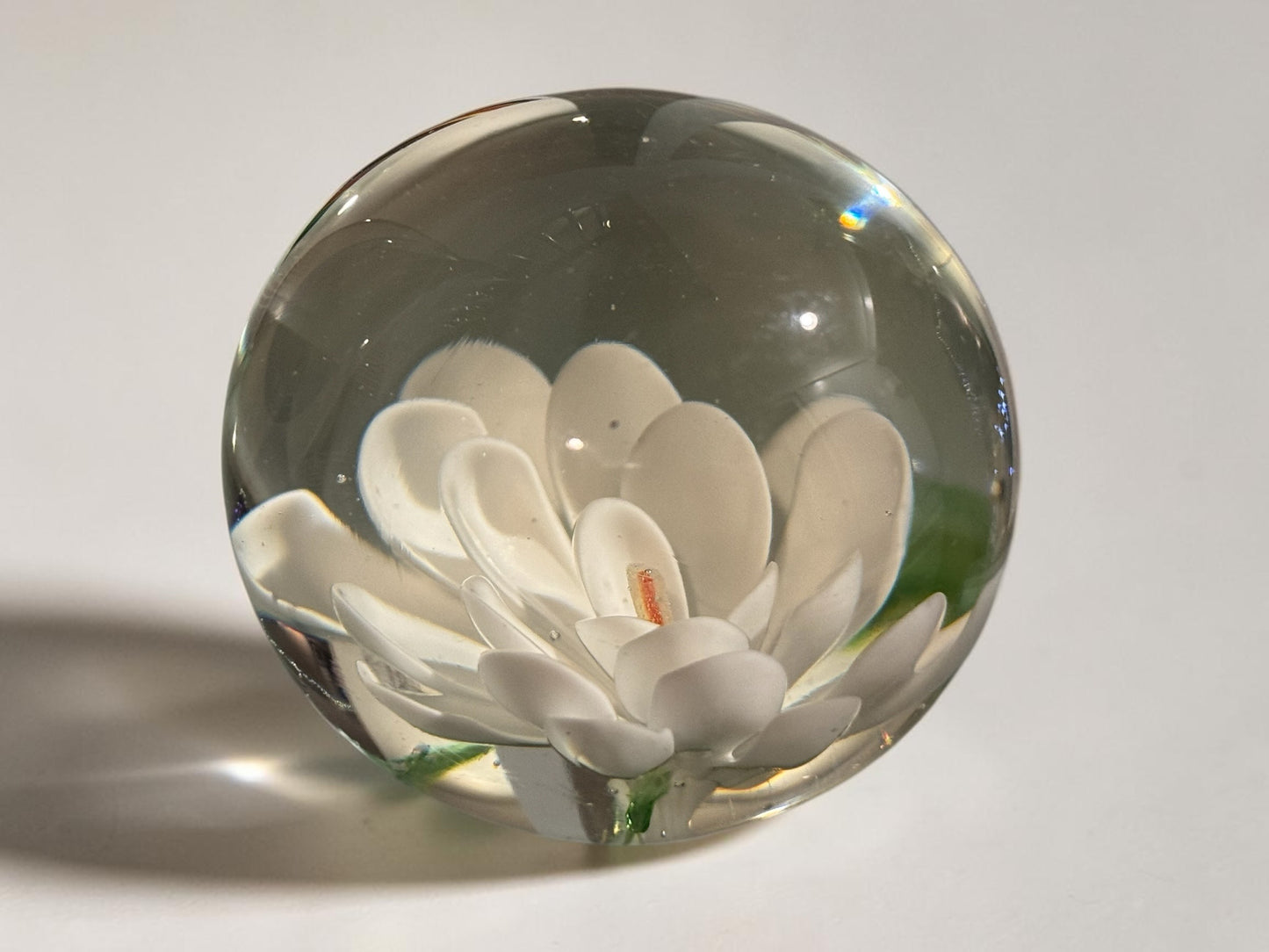 Vintage White Dahlia Flower Art Glass Paperweight — 3" Clear Crystal, Collectible Desk Accent