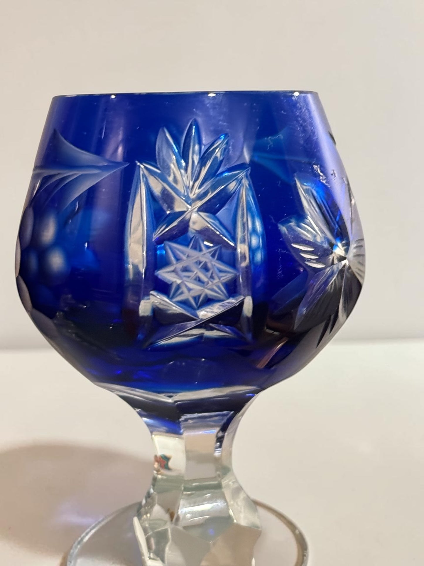 Vintage Bohemian Cut-to-Clear Crystal Liqueur Glasses — Pair, 5.25"H Amethyst & Cobalt Blue, Grape Motif