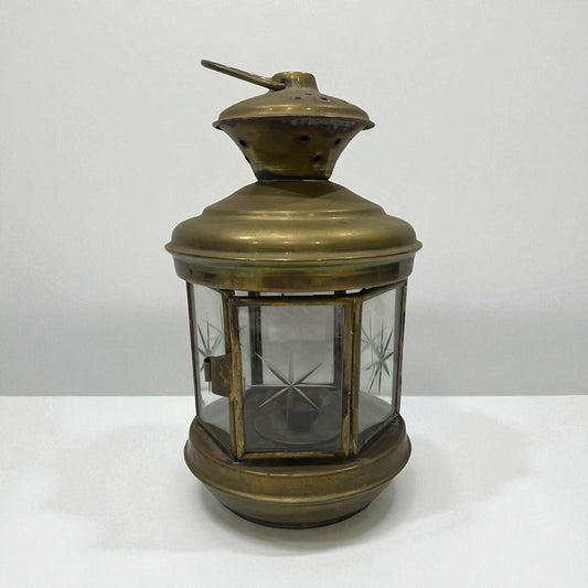Vintage Round Brass Lantern w/Cut Glass Panels