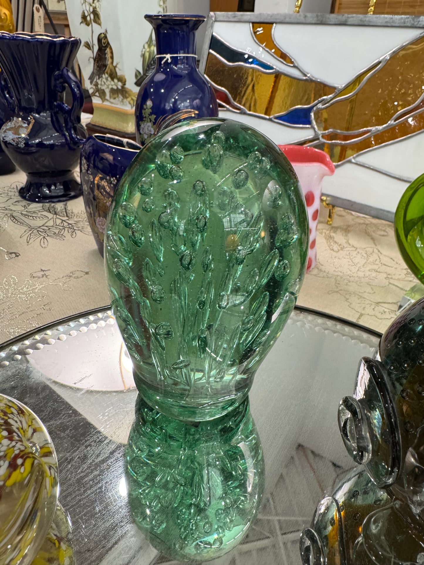 Large Green Bubble Art Glass Paperweight