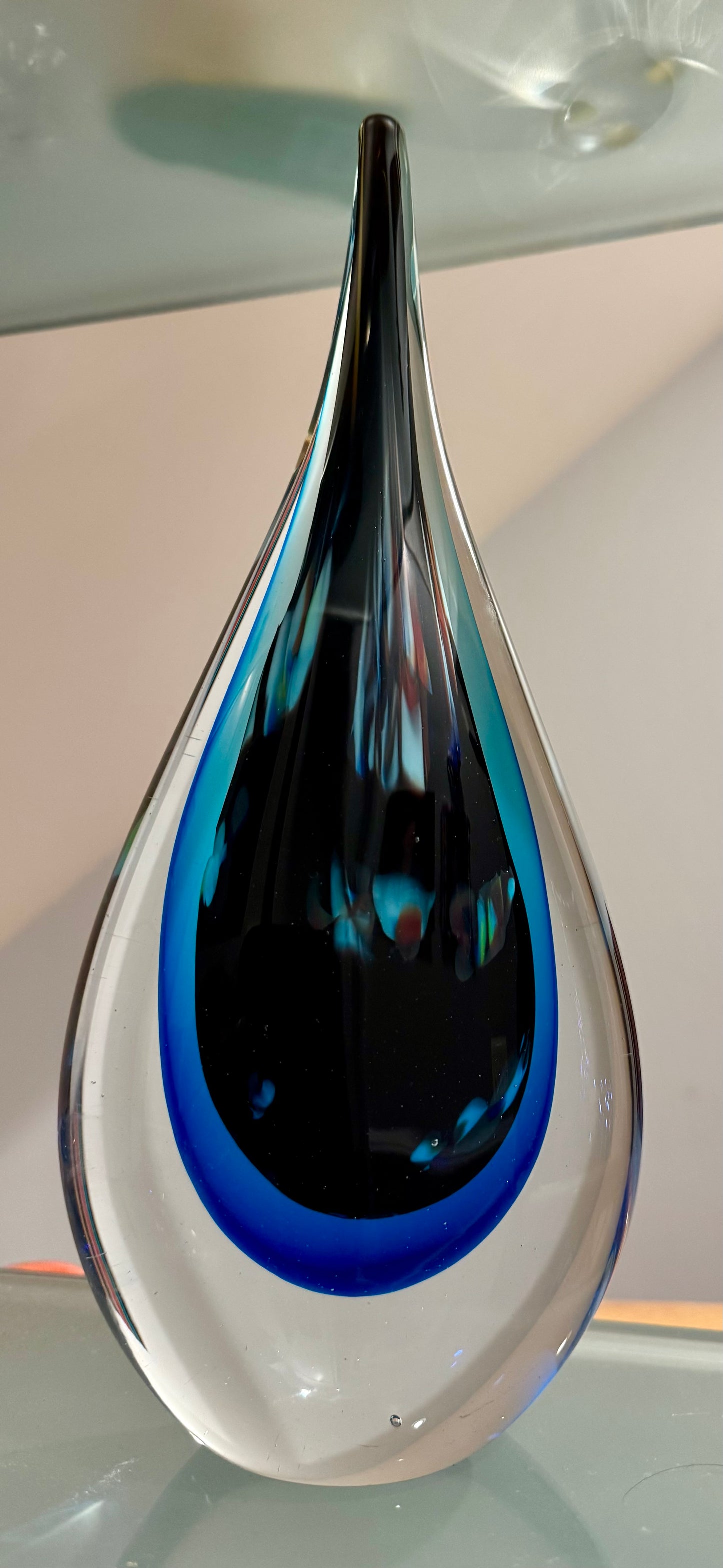 Vintage Murano-Style Sommerso Art Glass Teardrop Sculpture — 12"H Black & Cobalt Blue, MCM Statement Piece