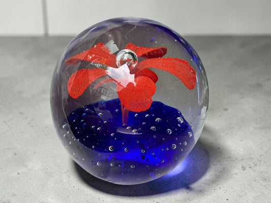 Vintage Art Glass Paperweight – Red Flower & Cobalt Blue Bubble Base, 3.25" Dome