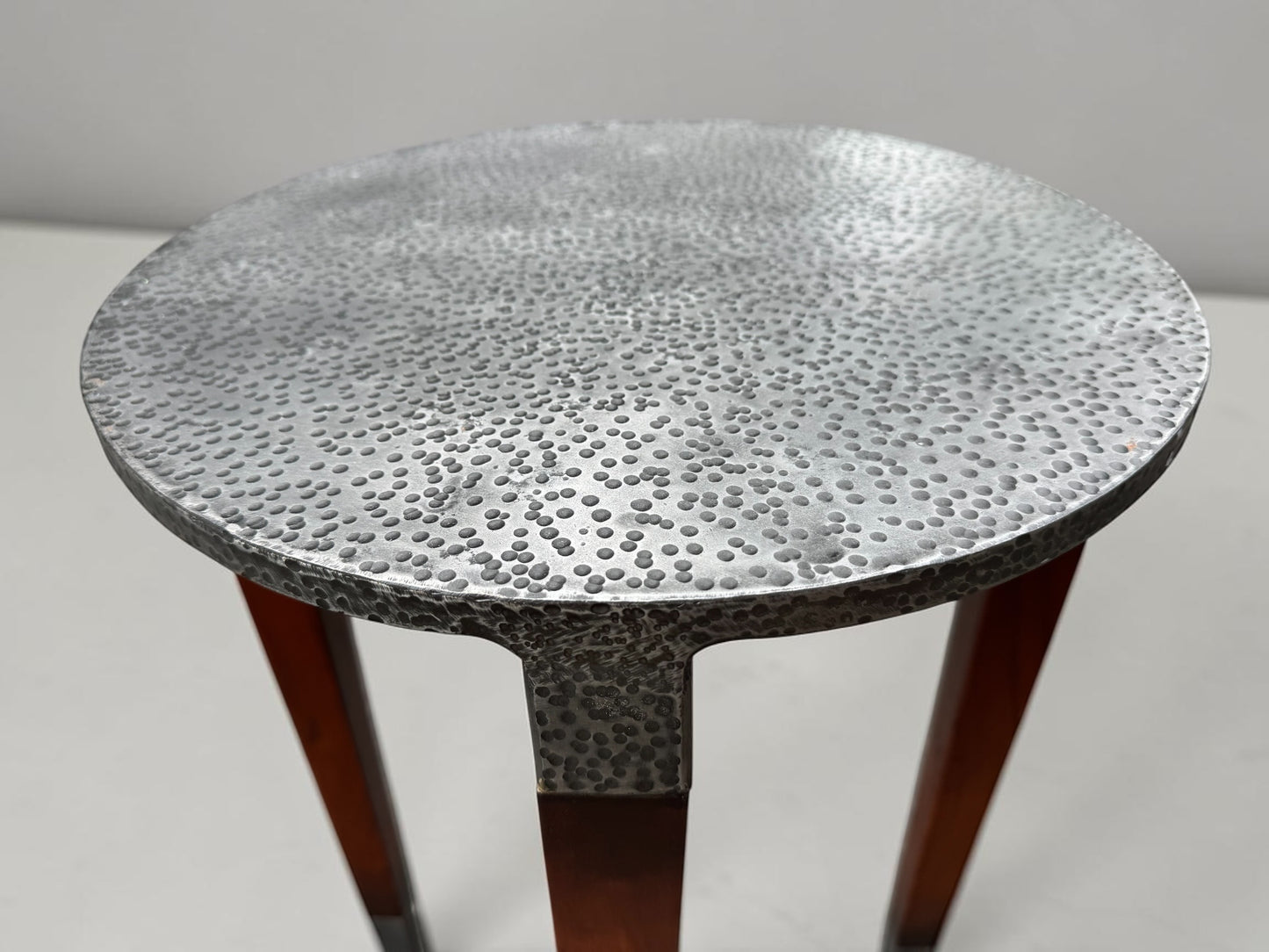 Sarreid Ltd. Burnford Accent Table – Hammered Iron Top & Walnut Legs